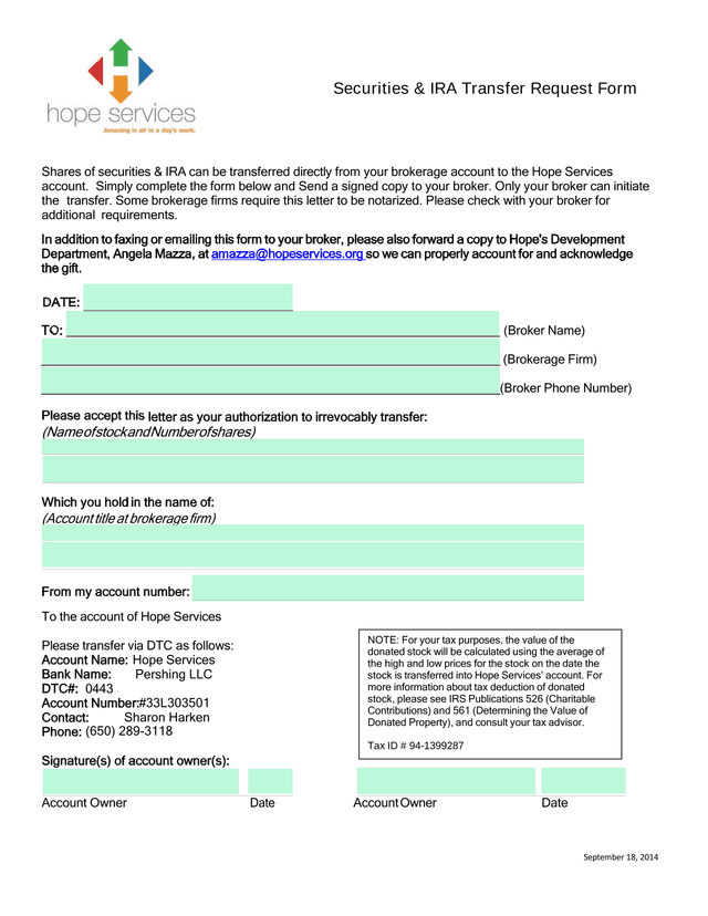 Securities  IRA Transfer Request Form screenshot