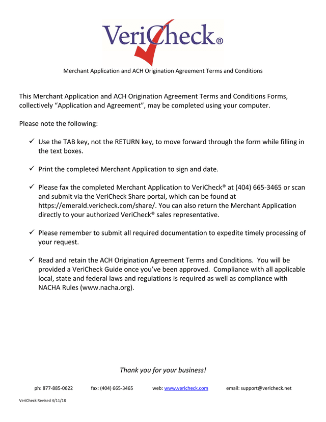 Merchant Application And ACH Origination Agreement Terms And Conditions screenshot