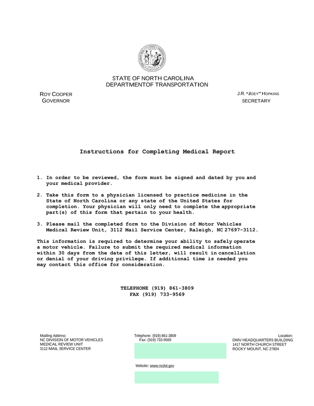 North Carolina Division Of Motor Vehicles Medical Report Form screenshot