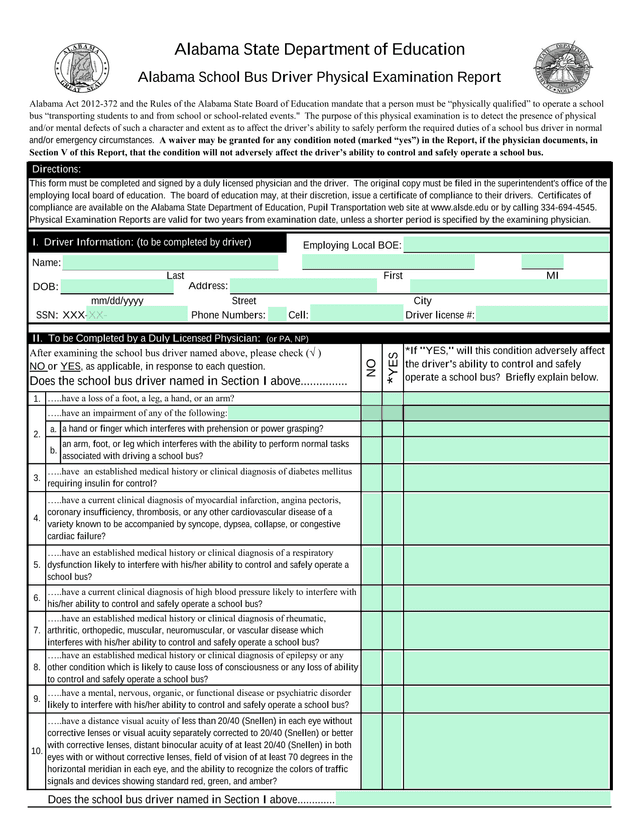 Alabama School Bus Driver Physical Examination Report screenshot