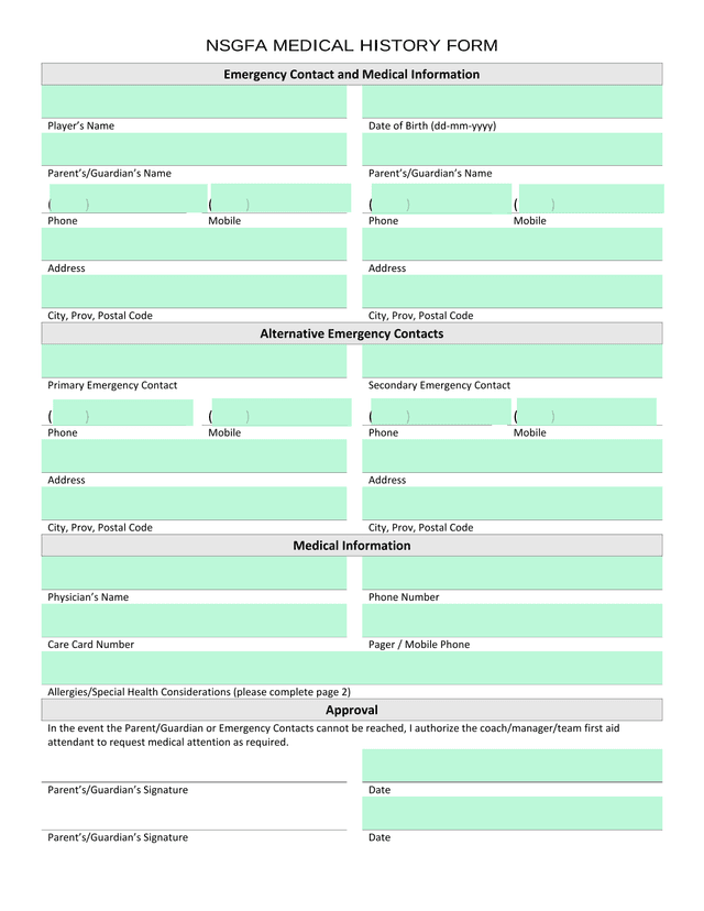 NSGFA MEDICAL HISTORY FORM screenshot