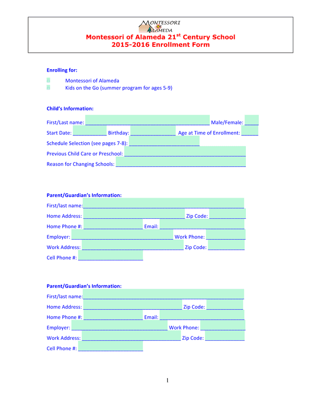 Child Enrollment Form screenshot