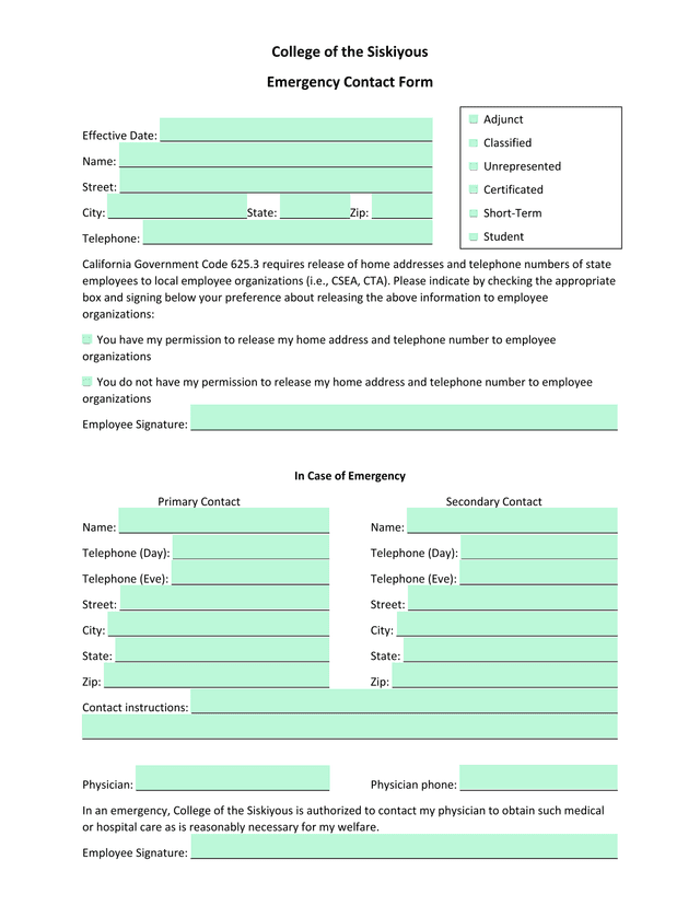 College Of The Siskiyous Emergency Contact Form screenshot