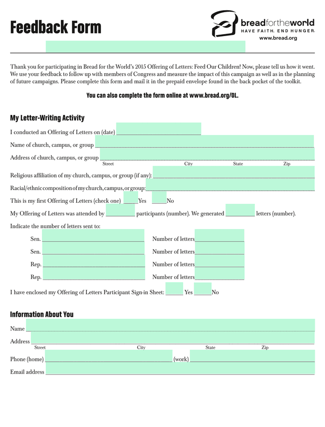 Feedback Form For Bread For The WorldS 2015 Offering Of Letters screenshot