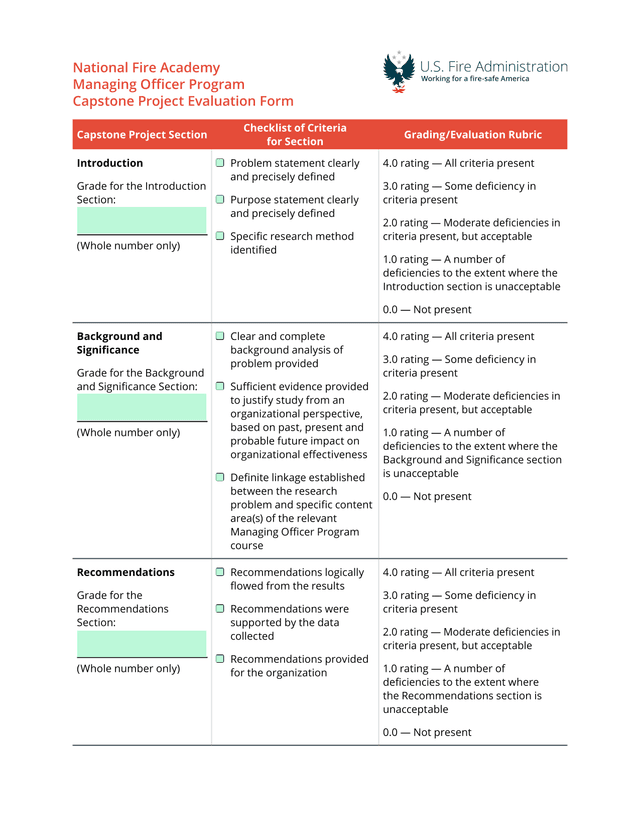 Capstone Project Evaluation Form screenshot