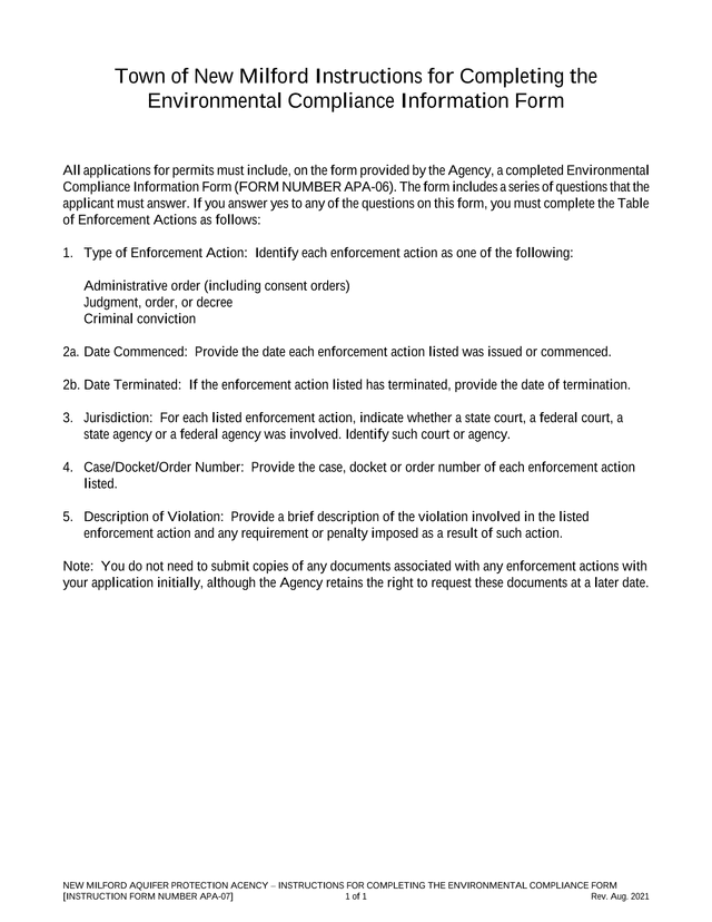 NEW MILFORD AQUIFER PROTECTION ACENCY  INSTRUCTIONS FOR COMPLETING THE ENVIRONMENTAL COMPLIANCE FORM screenshot