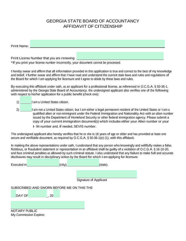 GEORGIA STATE BOARD OF ACCOUNTANCY AFFIDAVIT OF CITIZENSHIP screenshot