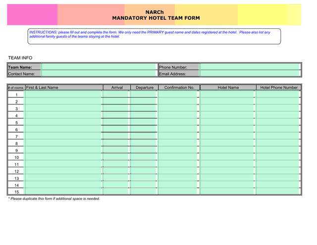 ASHN North American Championship 2009 Hotel Audit Form screenshot