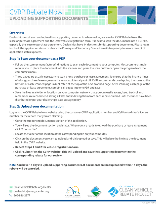 CVRP Rebate Now Supporting Documents Upload Instructions screenshot