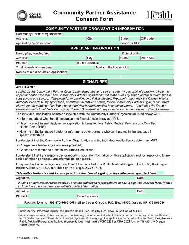 Community Partner Assistance Consent Form screenshot