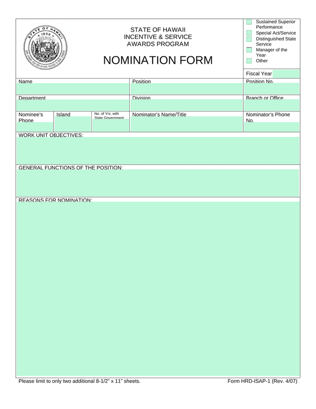 STATE OF HAWAII INCENTIVE  SERVICE AWARDS PROGRAM NOMINATION FORM screenshot