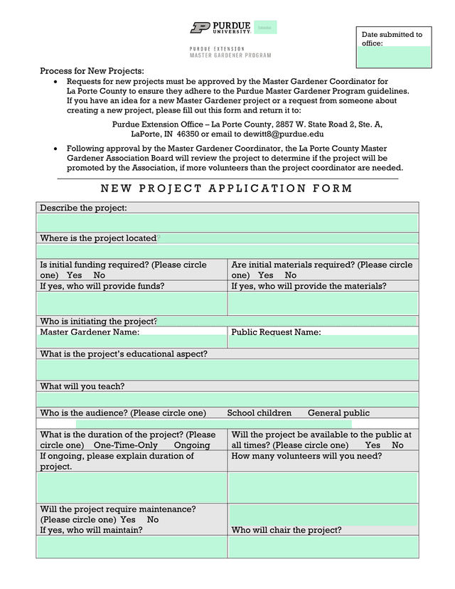 New Project Application Form screenshot