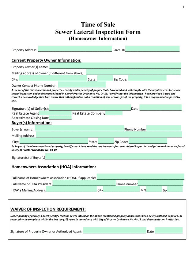 Time Of Sale Sewer Lateral Inspection Form screenshot