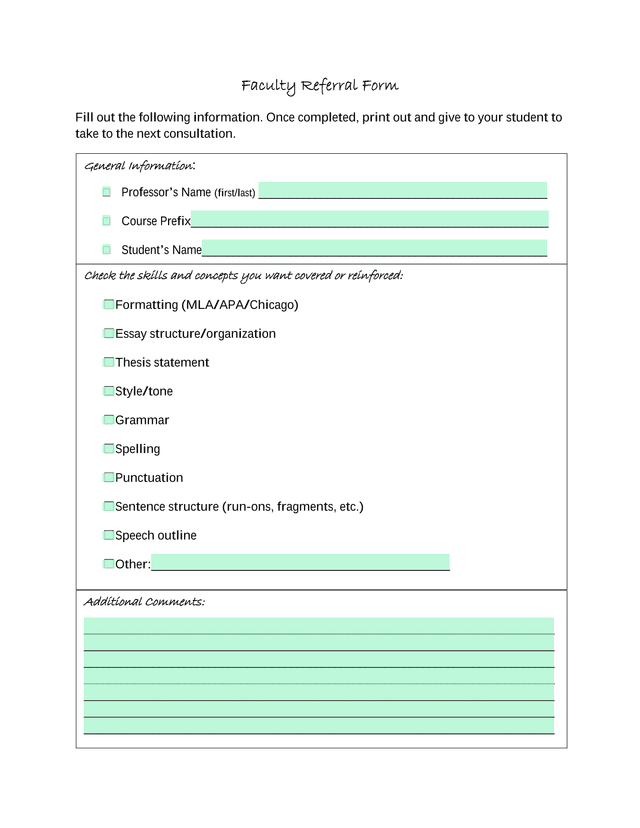 Faculty Referral Form screenshot