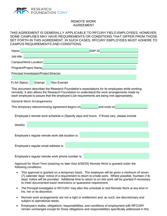 Remote Work Agreement screenshot