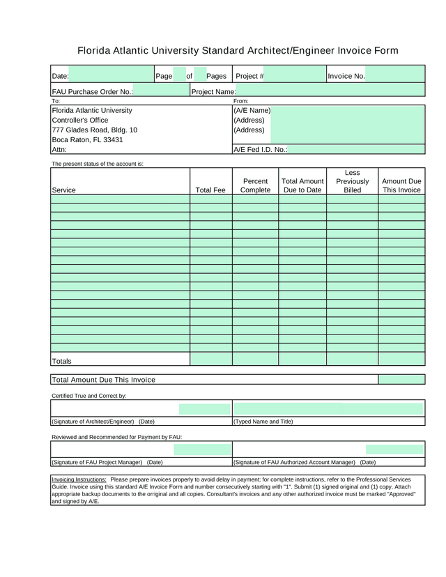 Florida Atlantic University Standard ArchitectEngineer Invoice Form screenshot