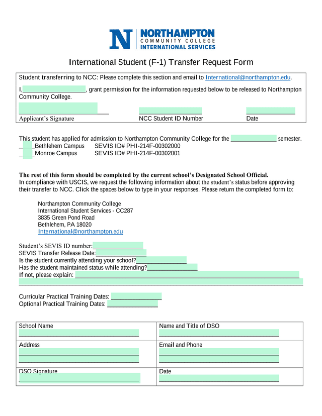 International Student (F 1) Transfer Request Form screenshot