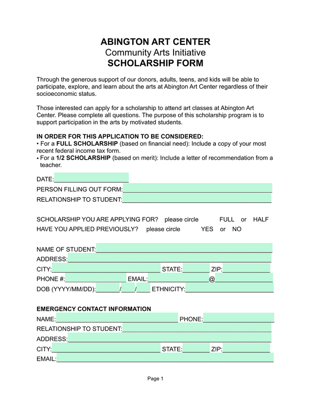Abington Art Center Scholarship Form screenshot
