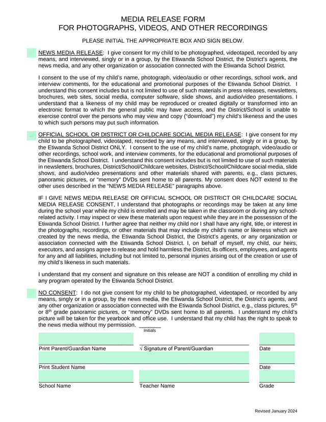 Media Release Form For Photographs, Videos, And Other Recordings screenshot