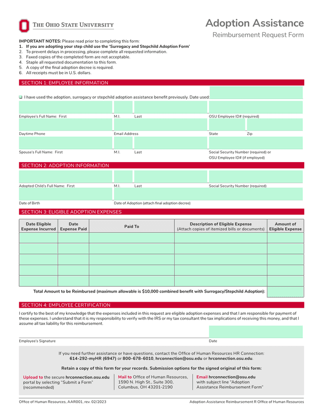 Adoption Assistance Reimbursement Request Form screenshot