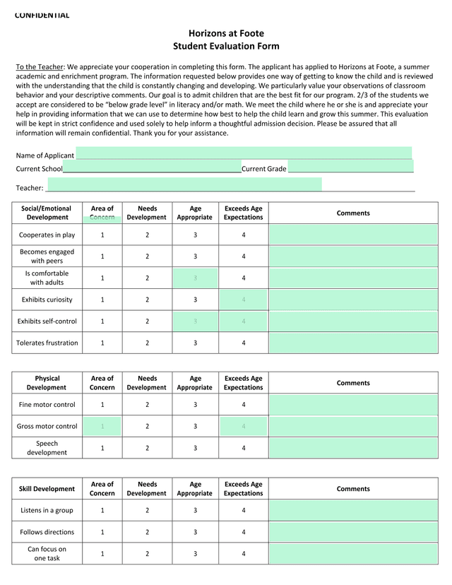 Horizons At Foote Student Evaluation Form screenshot