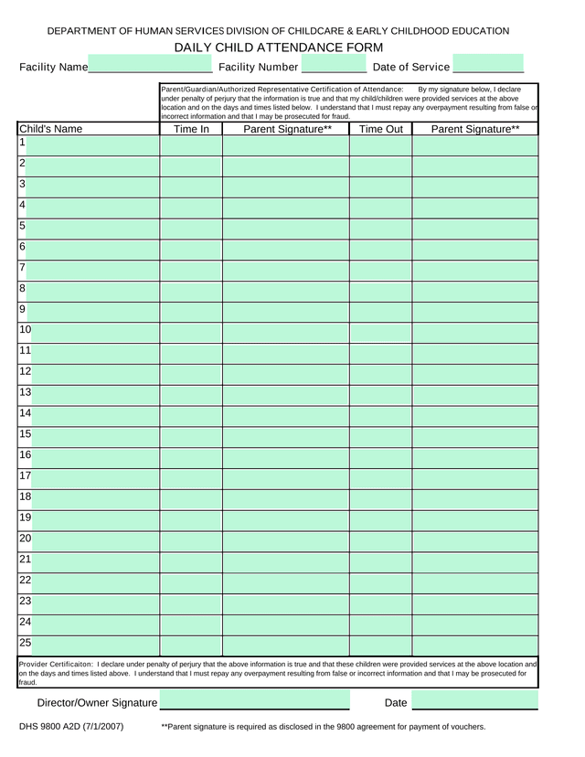 DAILY CHILD ATTENDANCE FORM screenshot