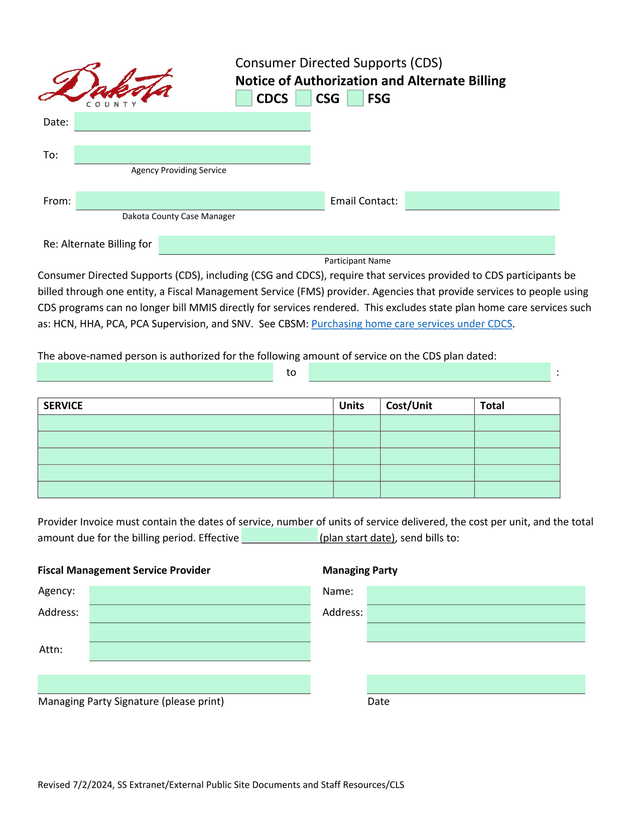 Consumer Directed Supports (CDS) Notice Of Authorization And Alternate Billing screenshot