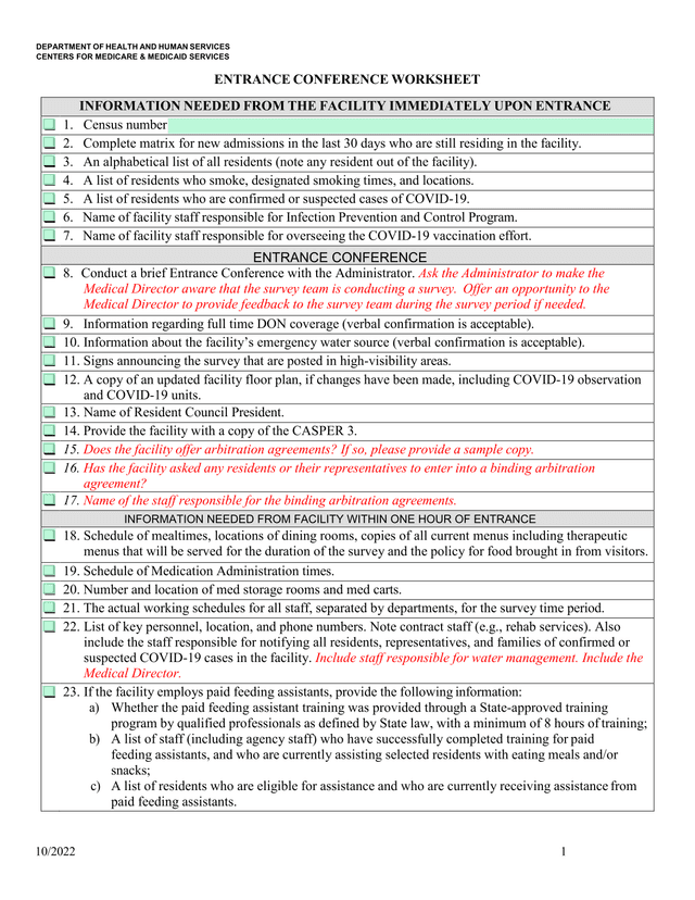 Department Of Health And Human Services Entrance Conference Worksheet screenshot