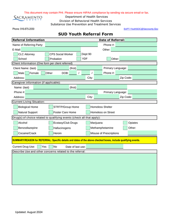 SUD Youth Referral Form screenshot