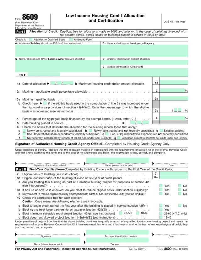 Form 8609   Low Income Housing Credit Allocation And Certification screenshot