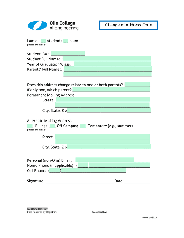 Change Of Address Form screenshot