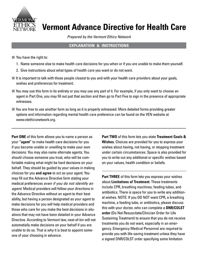 Vermont Advance Directive For Health Care screenshot