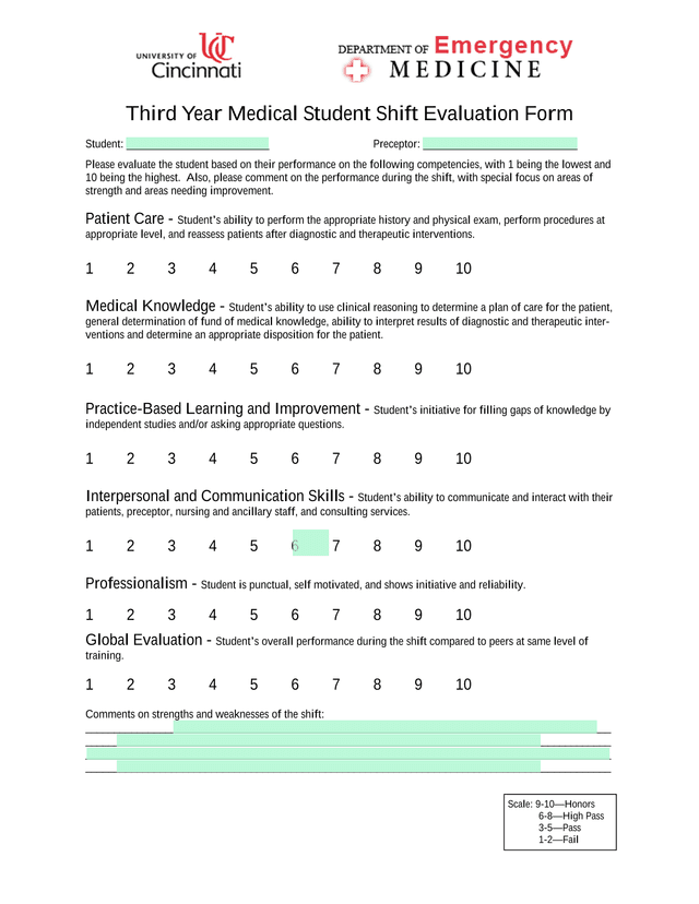 Third Year Medical Student Shift Evaluation Form screenshot