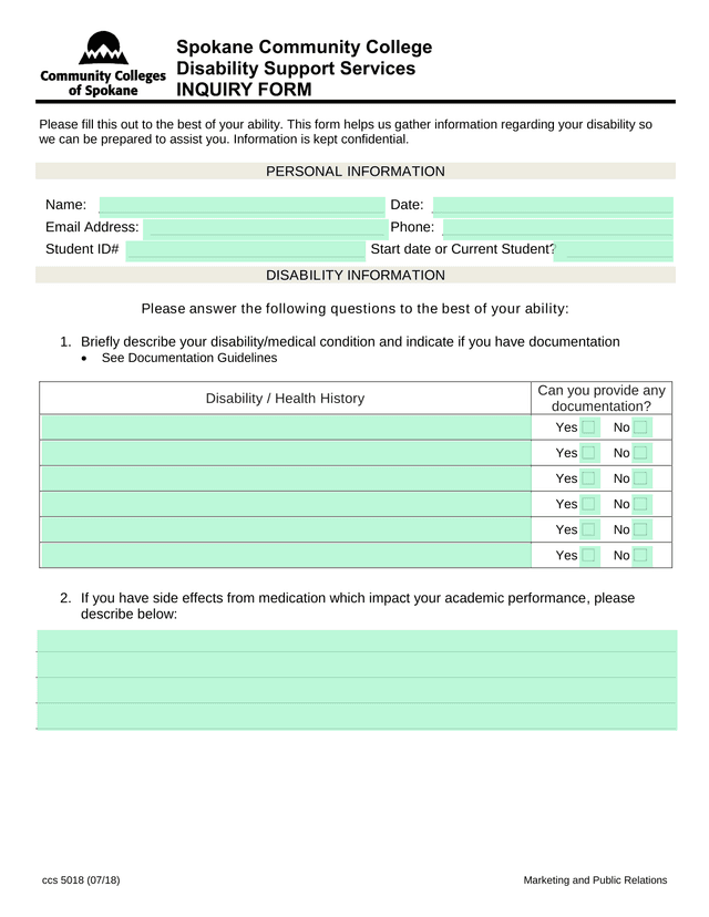 Disability Support Services Inquiry Form screenshot