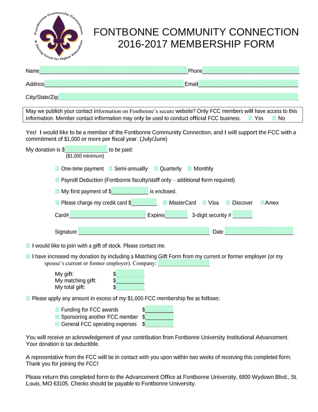 FONTBONNE COMMUNITY CONNECTION 2016 2017 MEMBERSHIP FORM screenshot