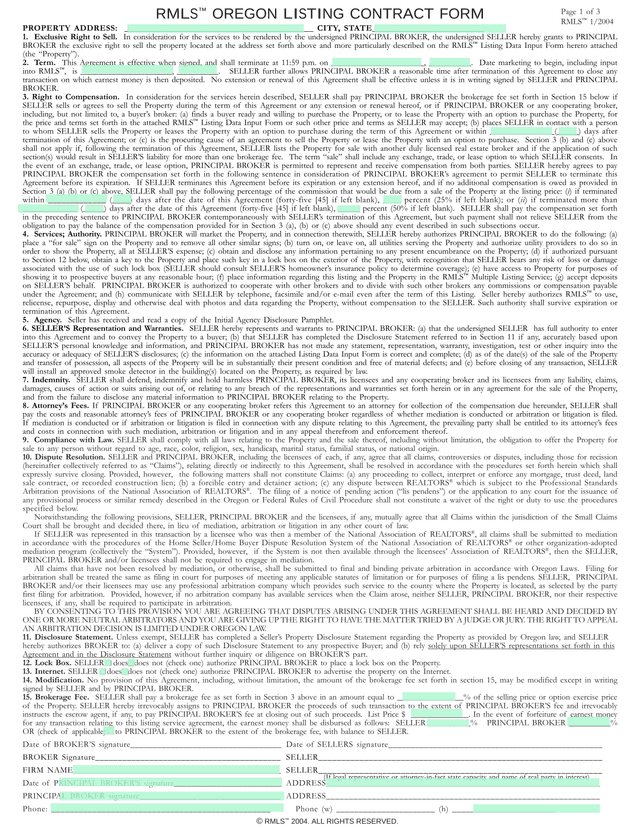 RMLS OREGON LISTING CONTRACT FORM screenshot