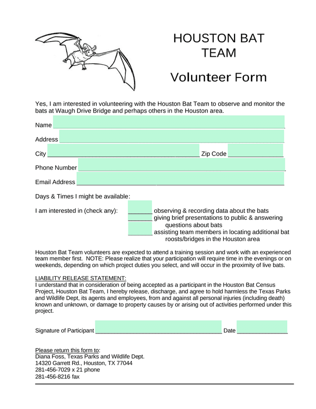 Houston Bat Team Volunteer Form screenshot