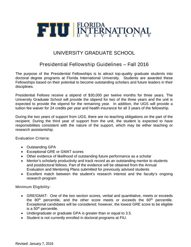 Presidential Fellowship Guidelines  Fall 2016 screenshot