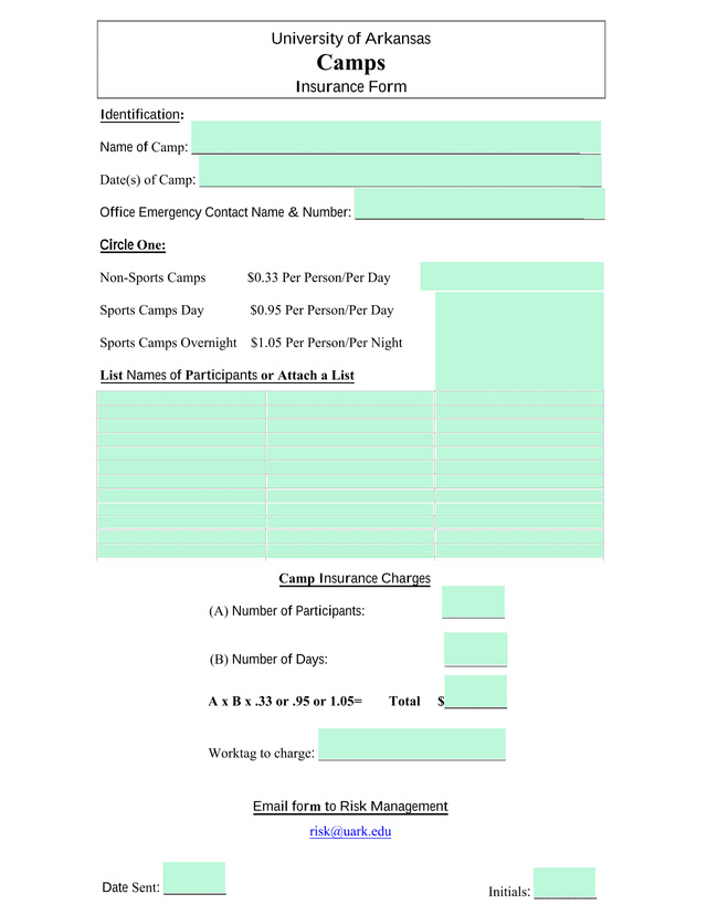 University Of Arkansas Camps Insurance Form screenshot