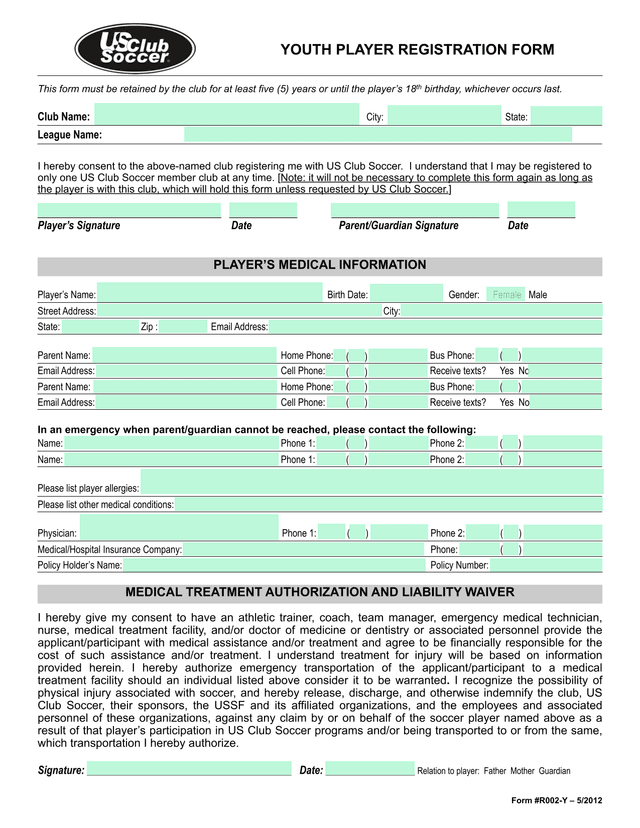 US Club Soccer Registration Form screenshot