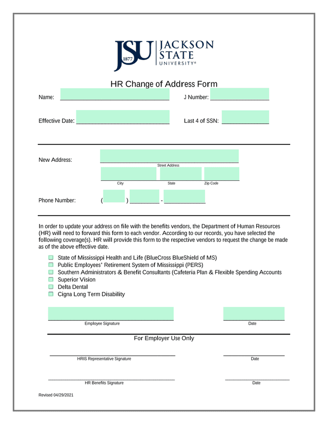 HR Change Of Address Form screenshot
