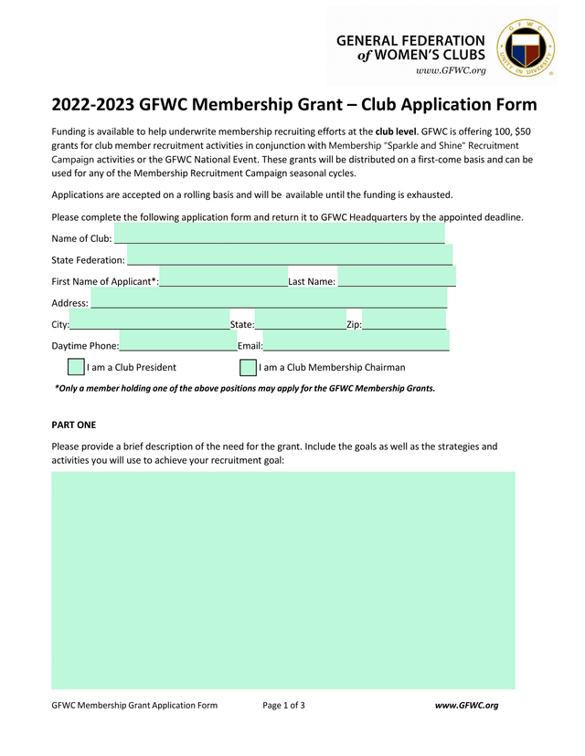 GFWC Membership Grant Application Form screenshot