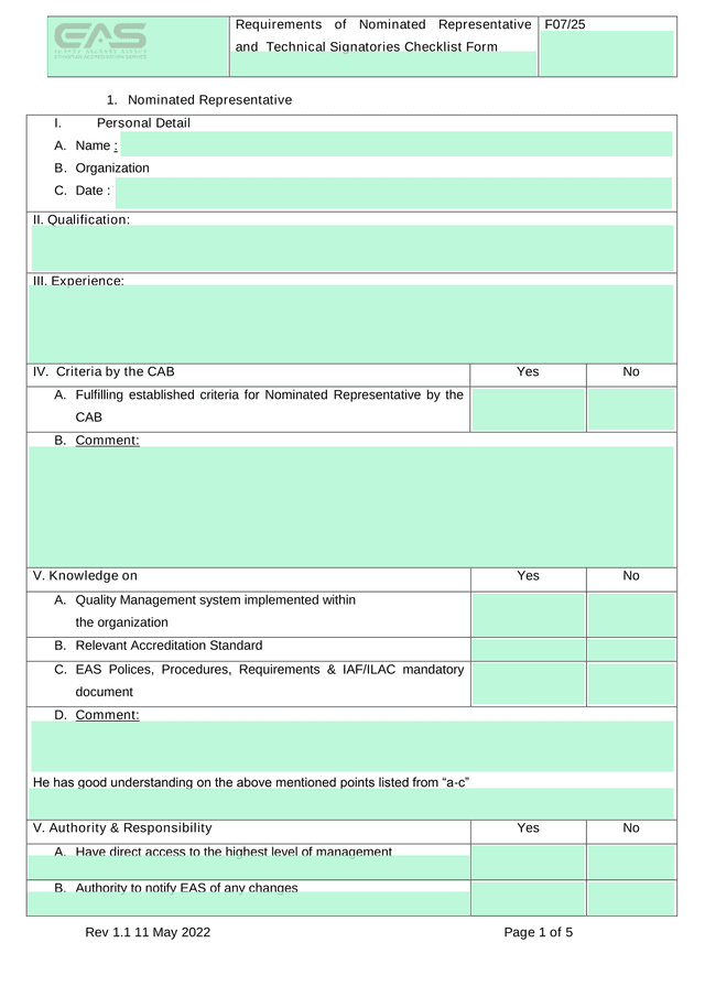 Requirements Of Nominated Representative And Technical Signatories Checklist Form screenshot