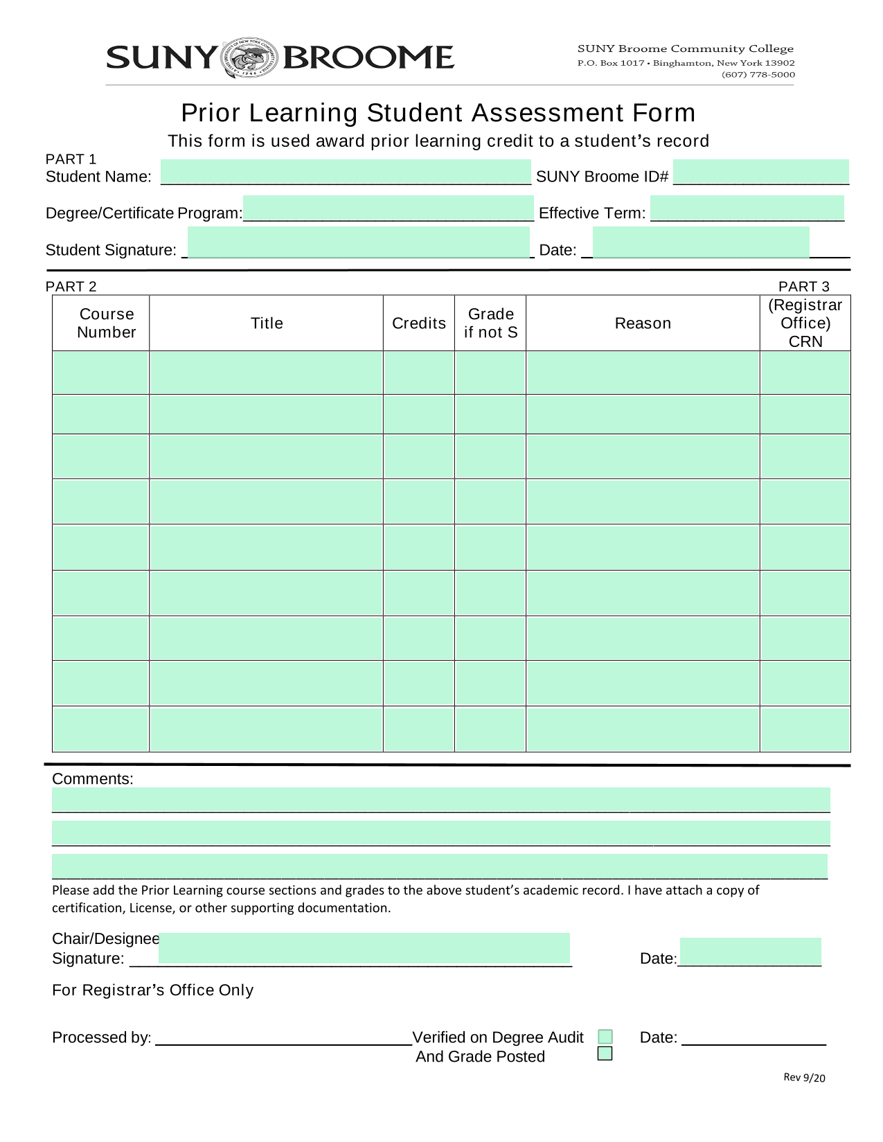 Prior Learning Student Assessment Form screenshot