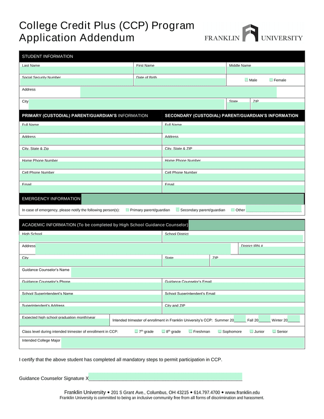 College Credit Plus (CCP) Program Application Addendum screenshot