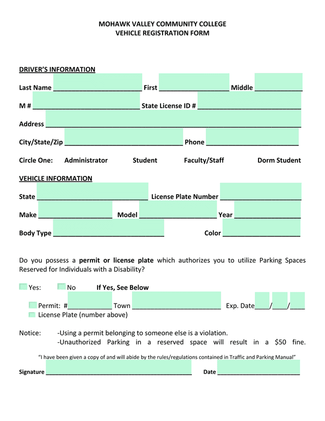 Mohawk Valley Community College Vehicle Registration Form screenshot