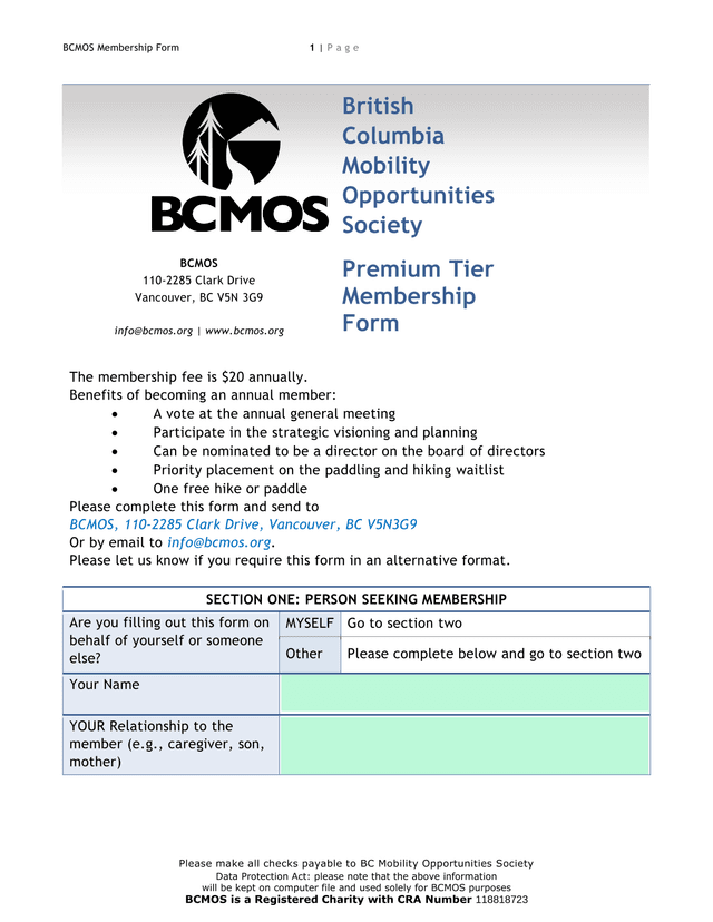 BCMOS Membership Form screenshot