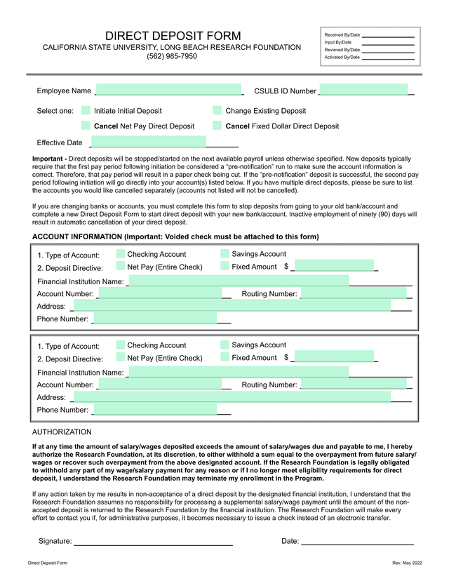 Direct Deposit Form screenshot