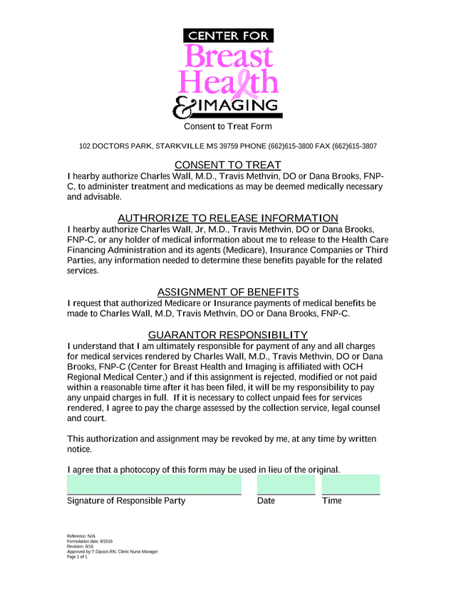 Consent To Treat Form screenshot