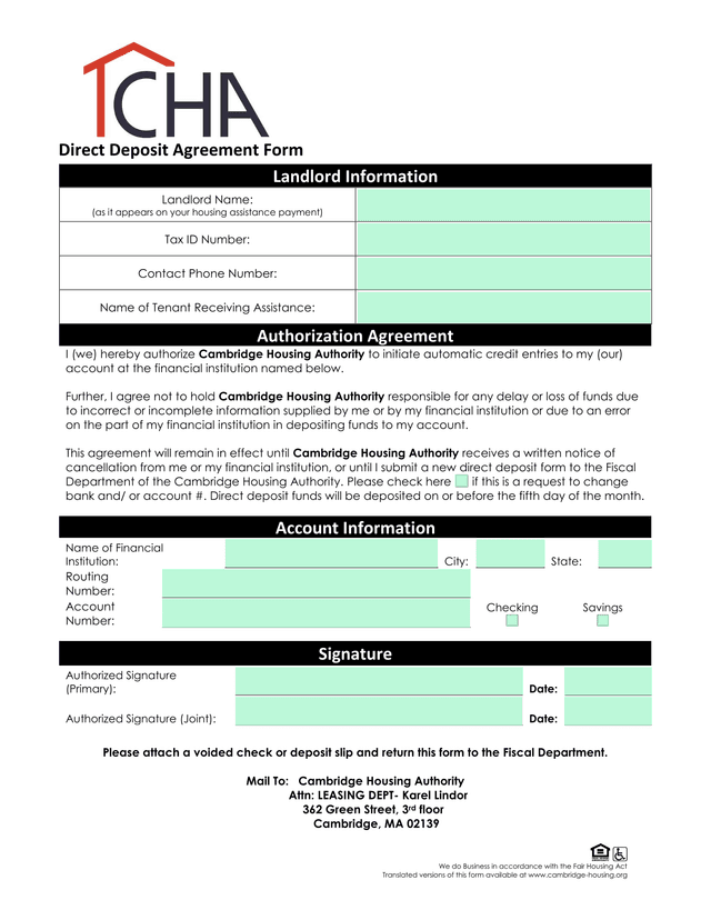 Direct Deposit Agreement Form screenshot